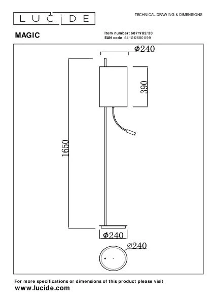 Lucide MAGIC - Vloerlamp - Ø 24 cm - 1xE27 - Zwart - technisch